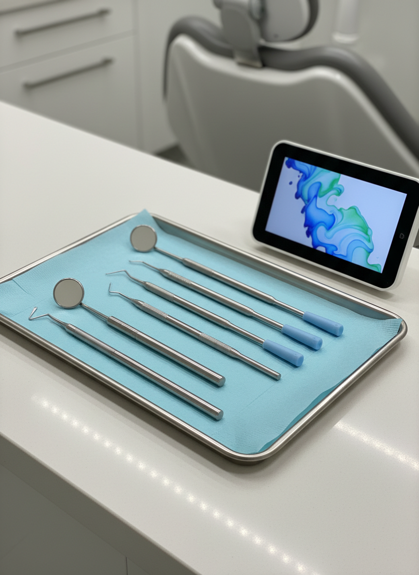 A close-up, photographic view of a stainless-steel dental tray neatly arranged with commonly used, gentle-looking instruments: mirrors with rounded edges, polished scalers, and cushioned suction tips, all aligned precisely on a pale blue disposable cover. The tray rests on a smooth, white counter beside a small digital screen displaying abstract, non-text imagery. Overhead LED lighting creates clear reflections and crisp highlights on the metal surfaces without harsh glare. The background softly blurs into clean cabinetry and a hint of a modern dental chair, emphasizing order, cleanliness, and professional care in a contemporary family dental office.