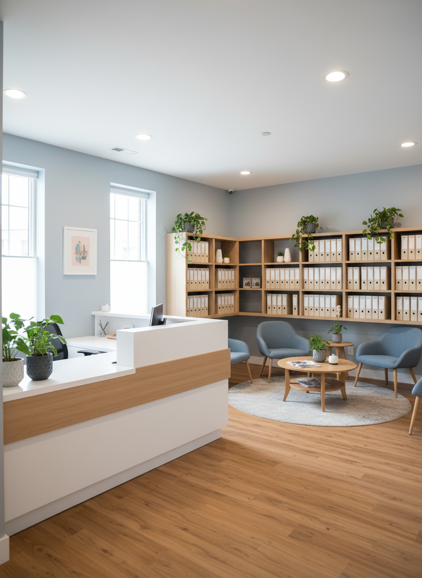 A welcoming front reception area of a contemporary family dental clinic, featuring a streamlined white reception desk with a light oak accent panel and a discreet computer monitor turned away from view. Behind the desk, built-in shelving holds neatly stacked, unbranded folders and a small arrangement of green plants in matte ceramic pots. The floor is a warm-toned wood-look surface, and the walls are painted a soft, calming gray with one pale blue accent wall. Large windows allow diffused daylight to fill the space, complemented by recessed ceiling lights that eliminate harsh shadows. Photographic realism, wide-angle shot from the entrance, creating an inviting, professional, and trustworthy first impression.